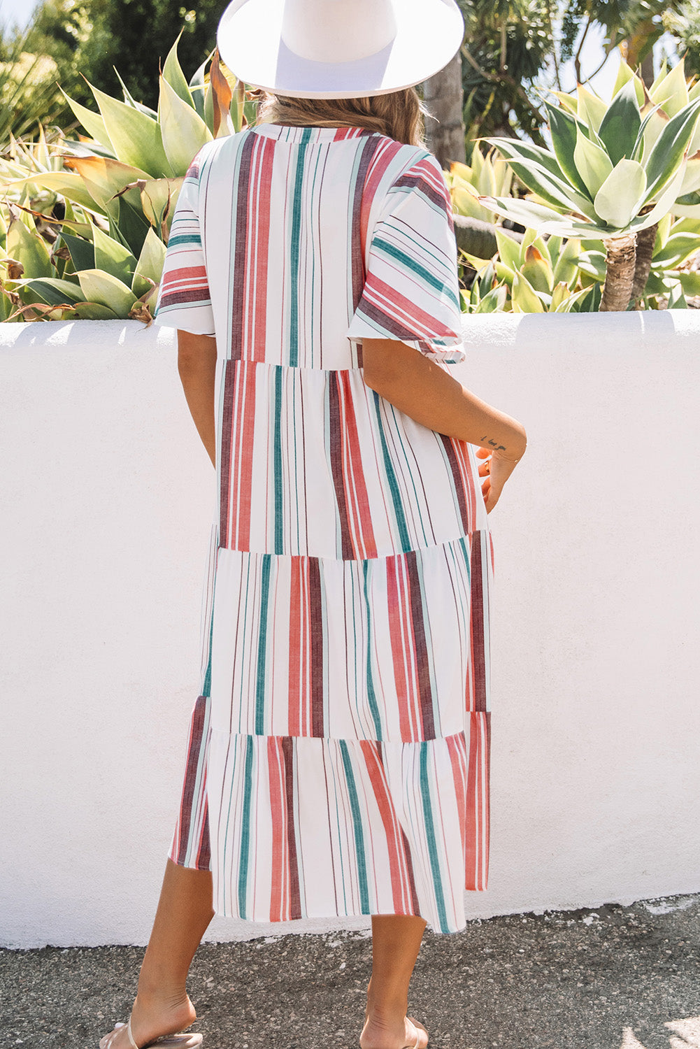 Serape Striped V Neck Buttoned Shirt Dress