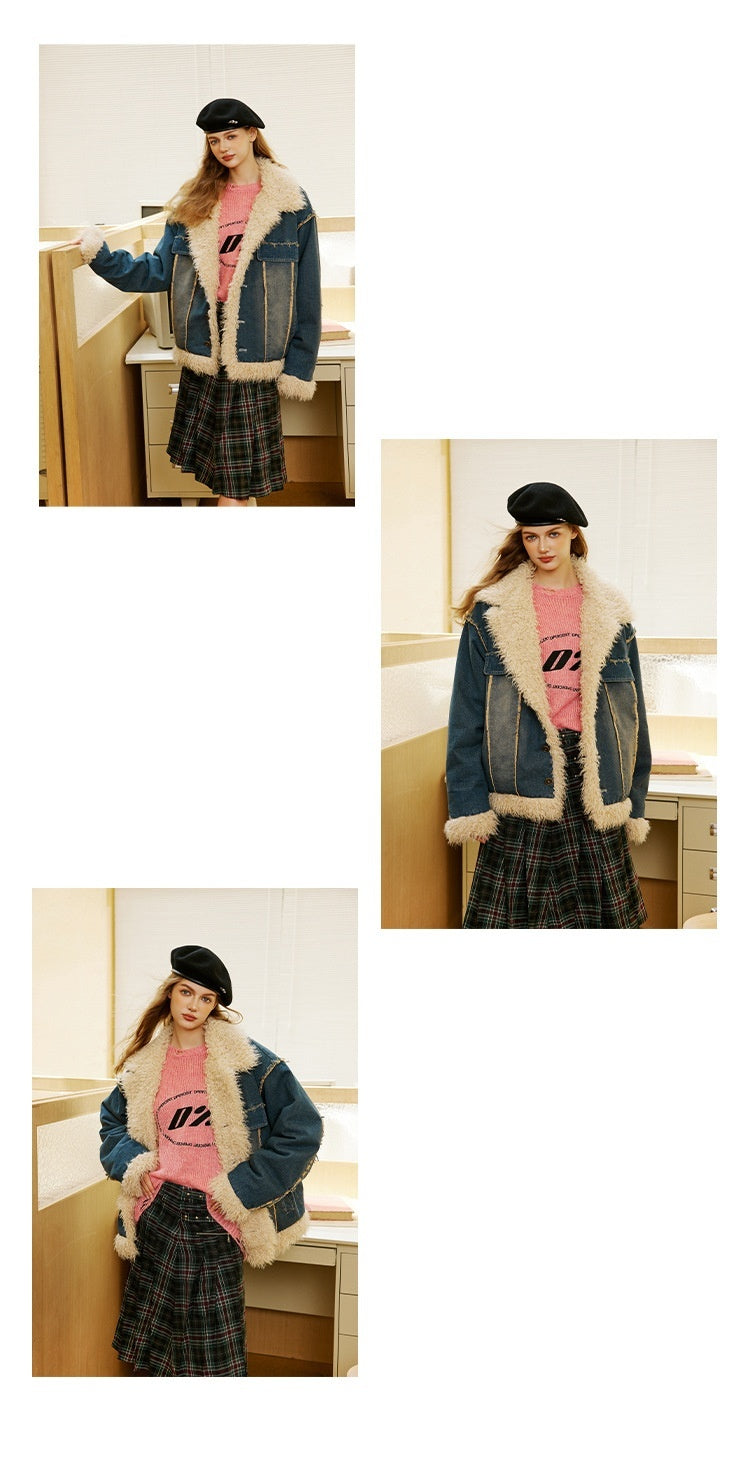 Blue Denim Fur Collar Coat Women's Retro Cotton