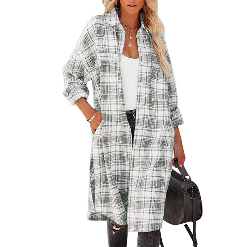 Women's Printed Checks Mid-length Shirt Coat