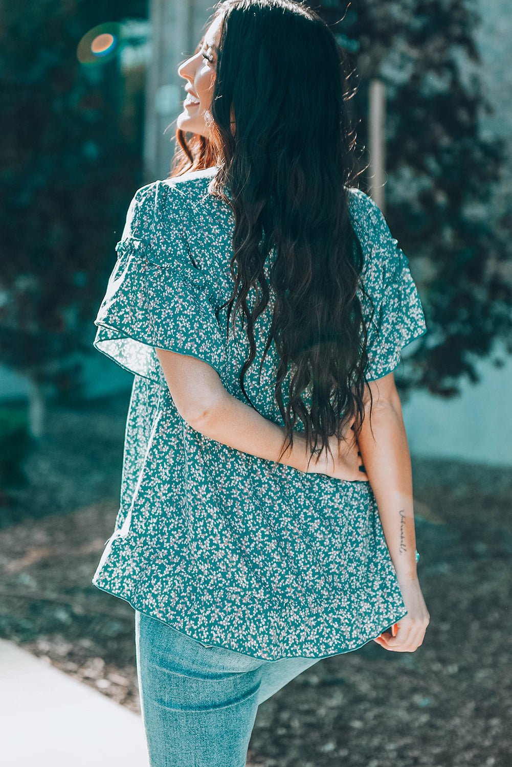 Floral Flare Sleeve Ruffle Hem Top