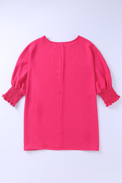 Apricot Solid Casual Smocked Cuffs Batwing Sleeve Blouse