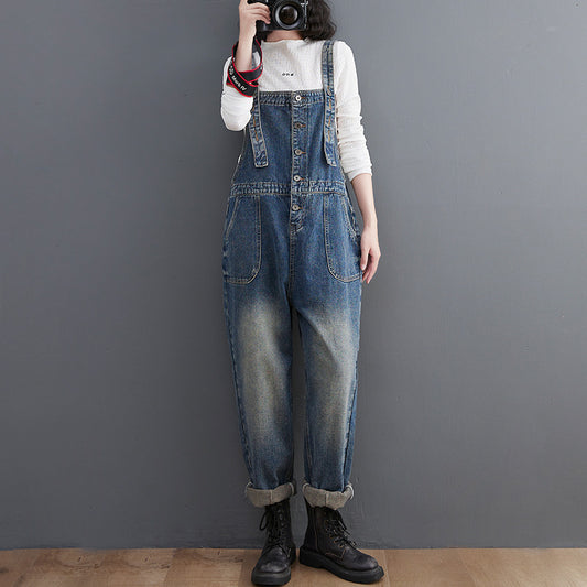 Literature And Art Solid Color Retro Large Women's Loose Denim Suspenders