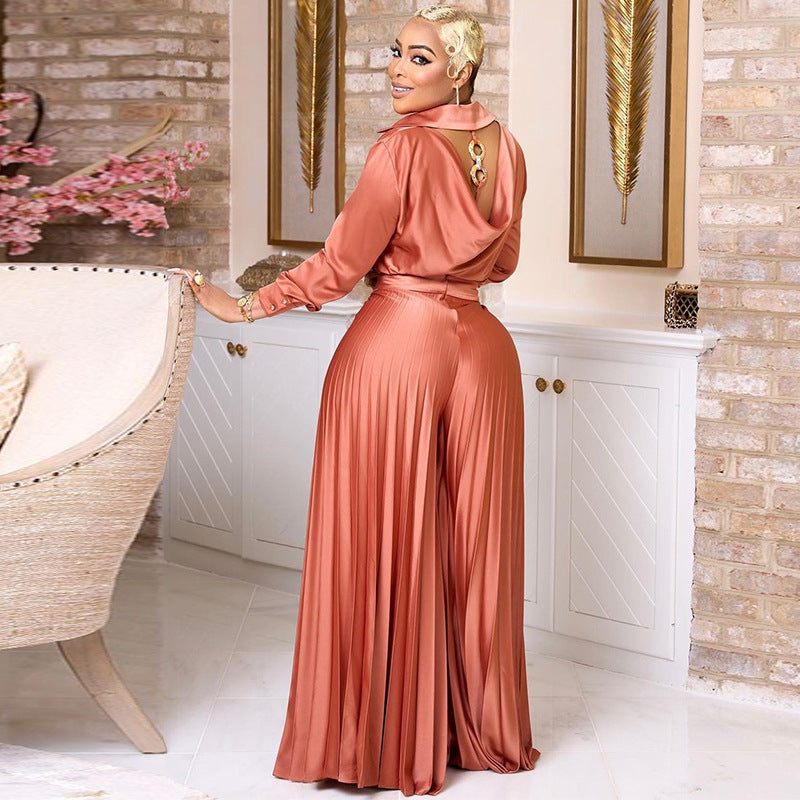 Temperament Slim Fit Backless Shirt Pleated Wide Leg Trousers Casual Suit