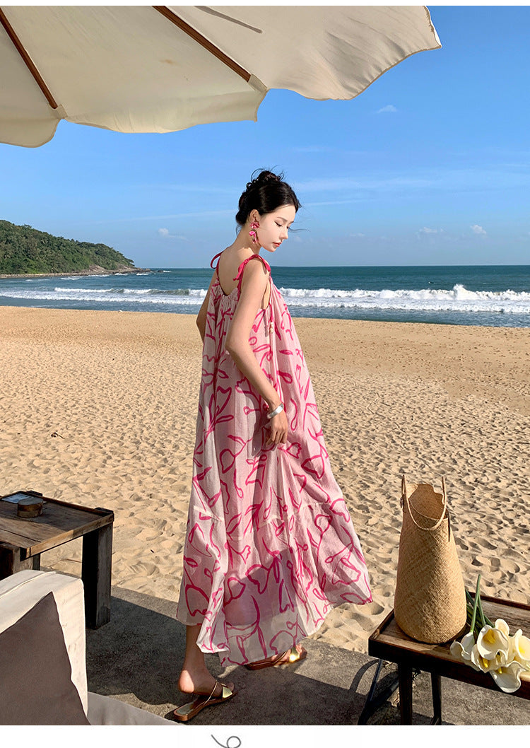 Vestido de playa con tirantes para vacaciones junto al mar con estampado de tinta