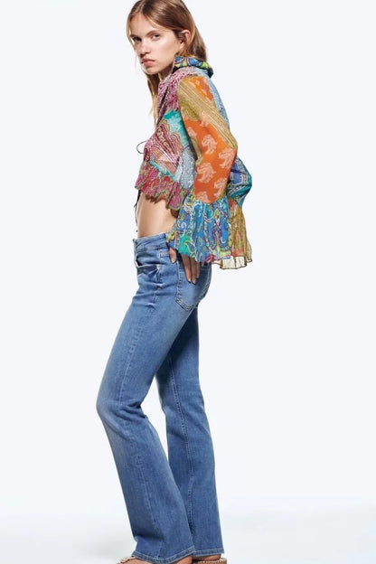 Printed Lace-Up Flare Sleeve Cropped Shirt