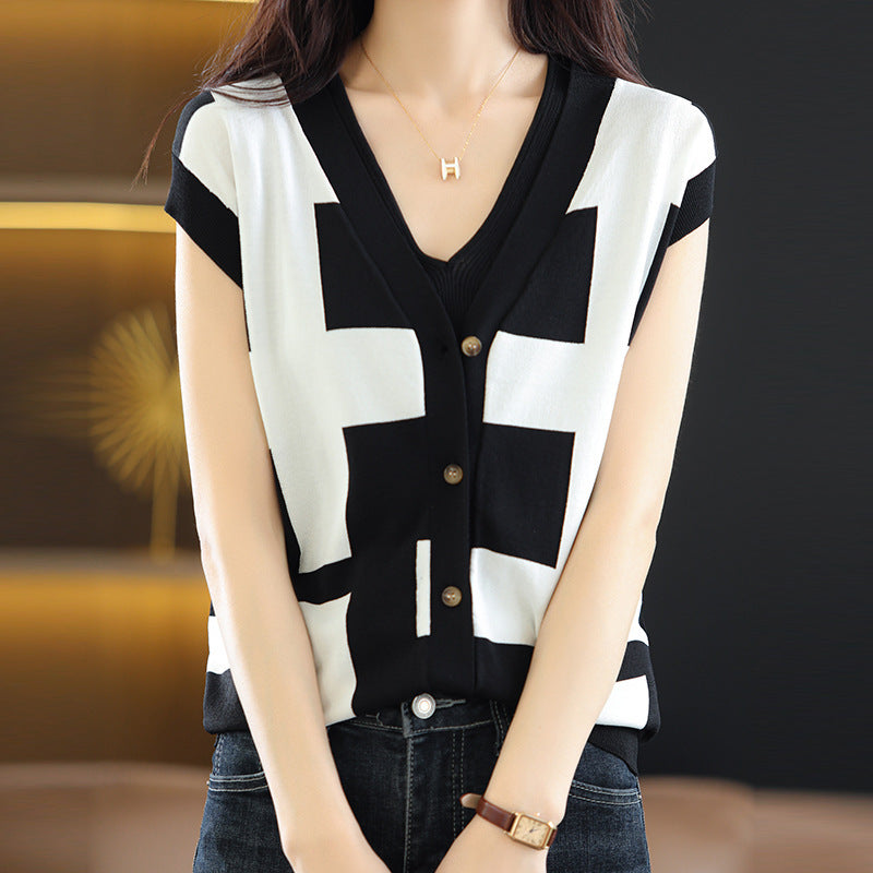 Knitted Cardigan Women's Daily V Neck Contrast Color Vest