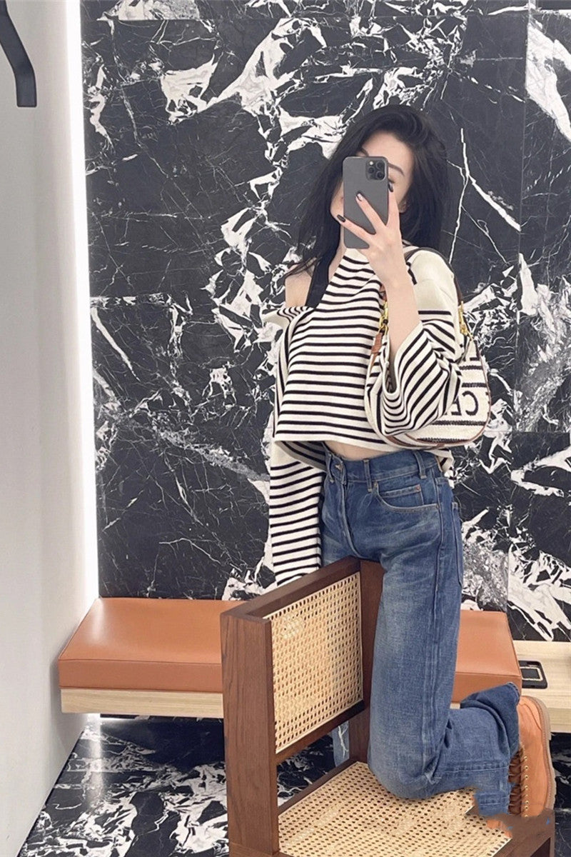 New V-neck Shoulder Button Knit Loose Stripe Women's Sweater