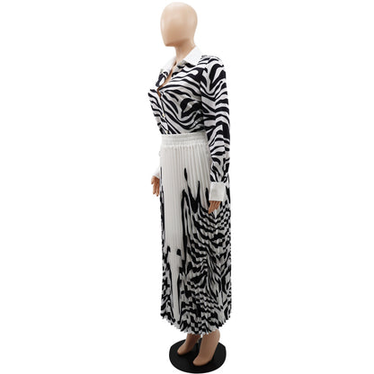 Zebra Print Long Sleeve Shirt Casual Pleated Skirt Spring And Summer Two-piece Set