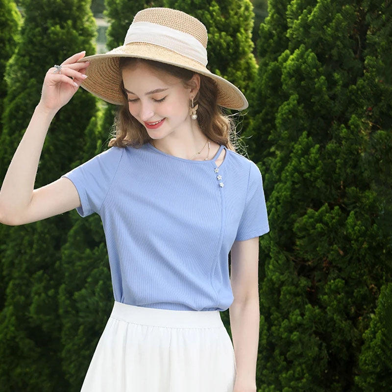 Women's Blue Knitted Short-sleeved T-shirt Slim Fit Slimming Top