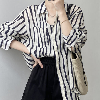 Vertical Striped Long-sleeved Shirt Lightweight Sun Protection Top