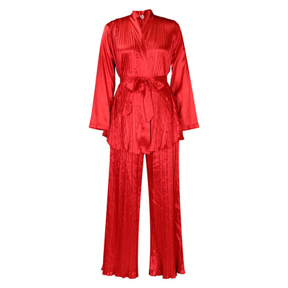 Solid Color Pleated Loose Long Sleeve Tied Shirt And Trousers Two-piece Set