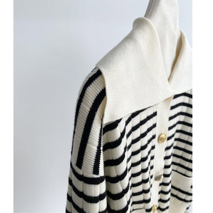 Polo Collar Stripes Cardigan Polo Collar Long Sleeve Knitted Coat