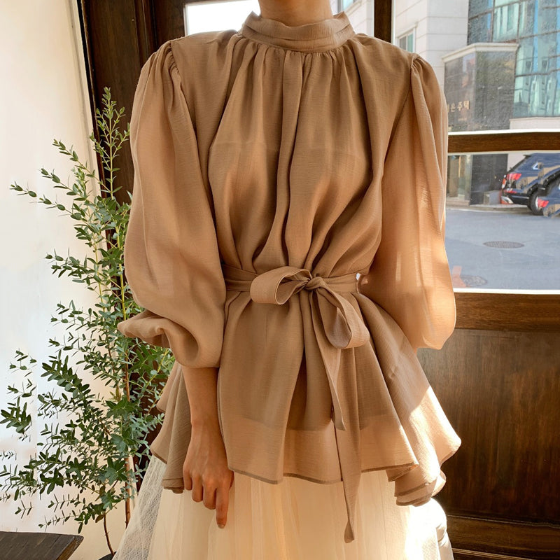 Women's Elegant Long-sleeved Wrinkled Shirt With Slim Waist