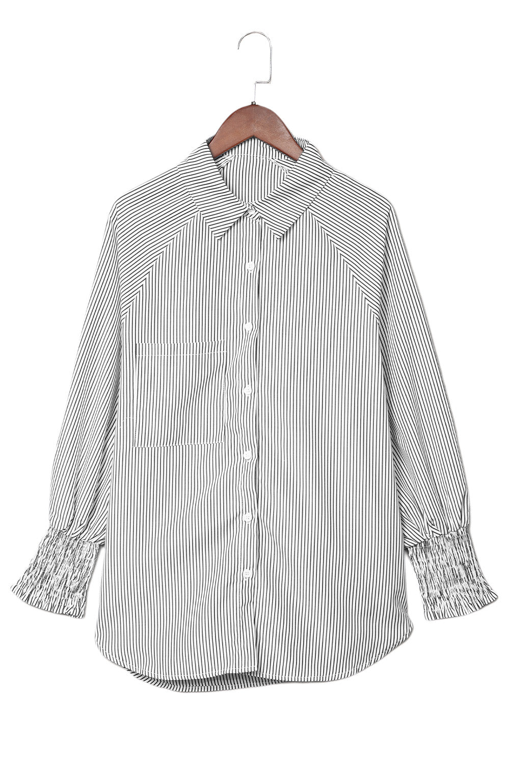 Black Striped Casual Shirred Cuffs Shirt