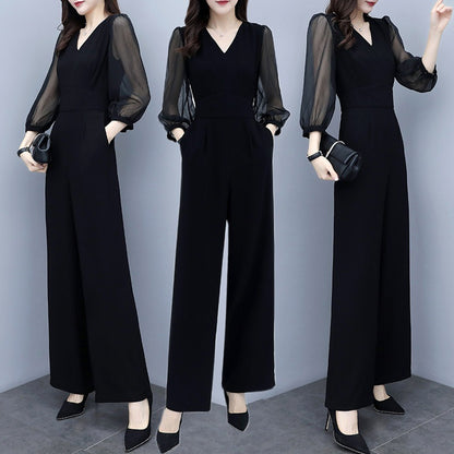 Black Fashion Chiffon Jumpsuit High Waist V Neck