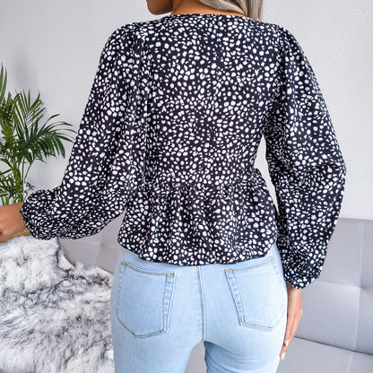 Printed Balloon Sleeve Peplum Blouse