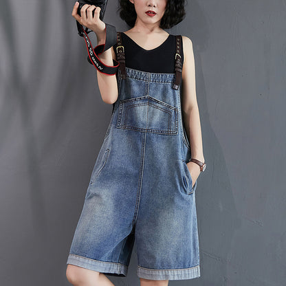 Women's Loose And Slim Wide Leg Denim Overalls Shorts