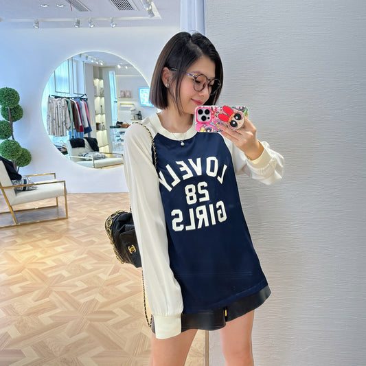 Women's Fashionable Chest Letter Long Sleeve T-shirt In Contrast Color Sweater