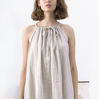 Linen Halterneck With Suspenders Strap Long Dress