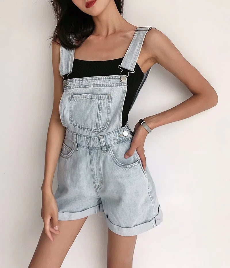 Loose-fitting Curl All-matching Jeans Suspender Pants