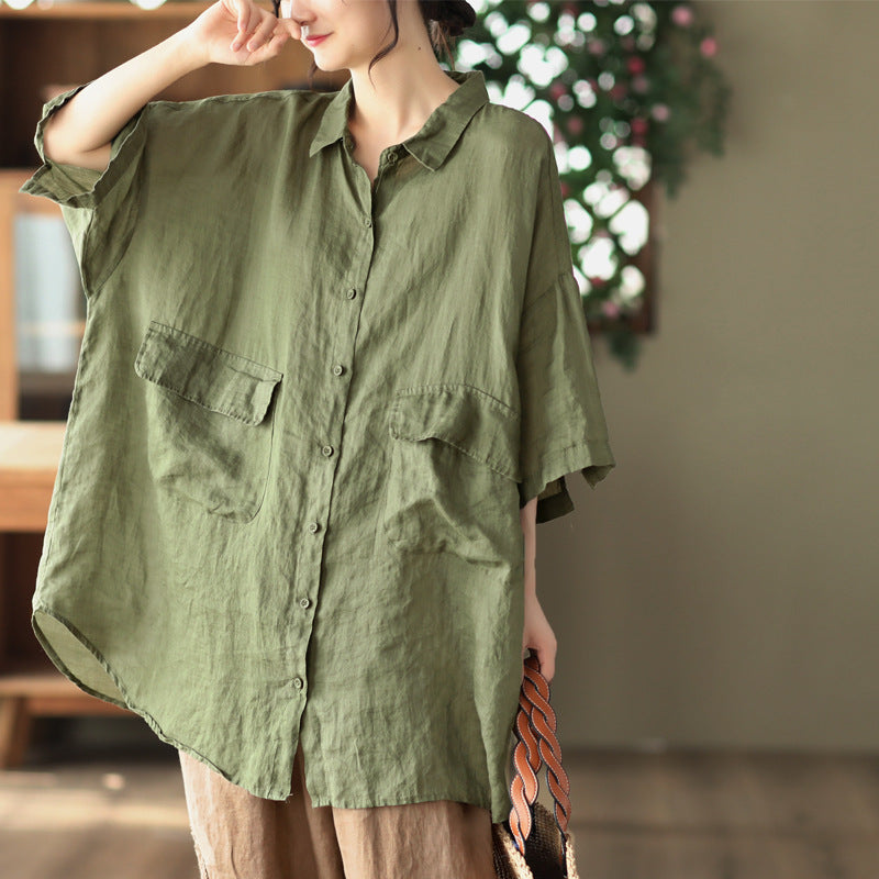 Retro Ramie Shirt Mid-length Elegant Top