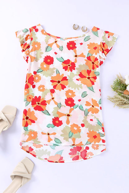 Blusa floral con cuello redondo y mangas acampanadas