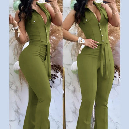 Deep V-neck Backless Tight One-piece Bell-bottom Pants