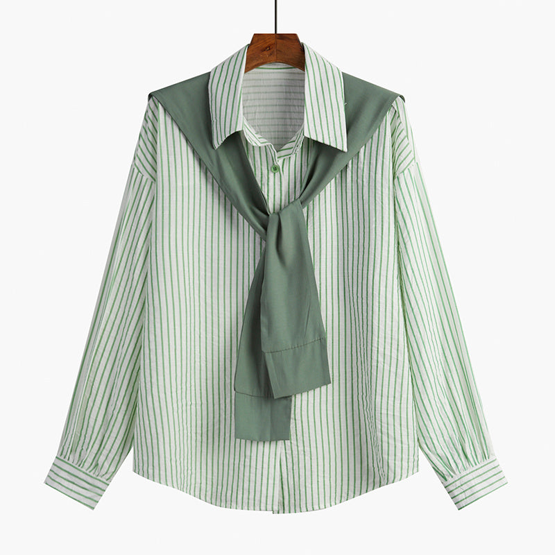 Shawl Striped Shirt Women's Long Sleeve Inside Spring And Autumn