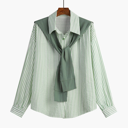 Camisa a rayas con chal de manga larga para mujer en el interior de primavera y otoño