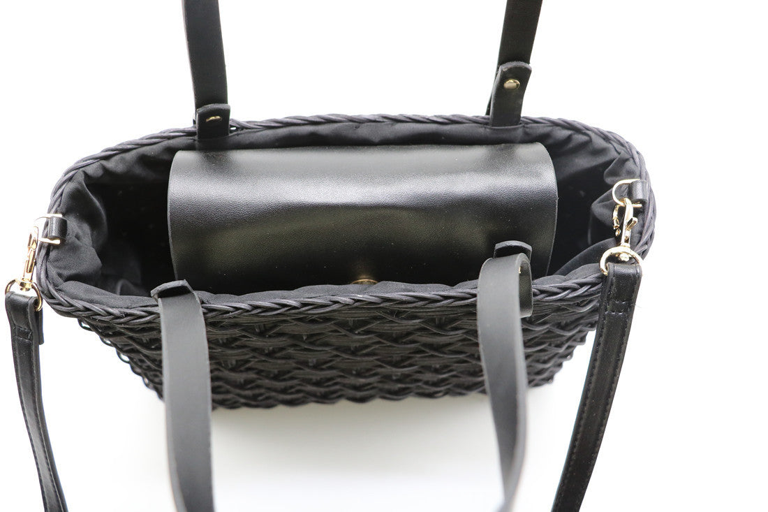 Ladies Rattan Bag Black Beach Weave