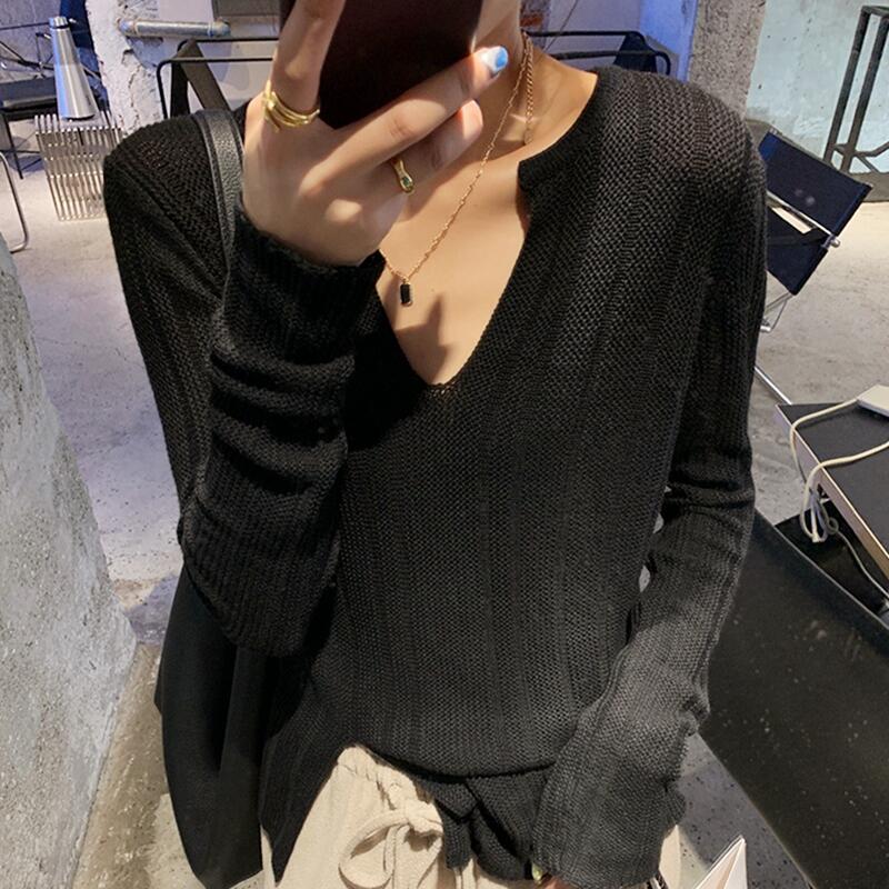 Senior Sense Gentle Top V-neck Pit Strip Sweater Female Inner Match Slim Irregular