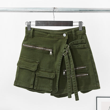 Ropa de trabajo Pantalones cortos de mezclilla Pantalones calientes decorativos con trabilla para cinturón verde