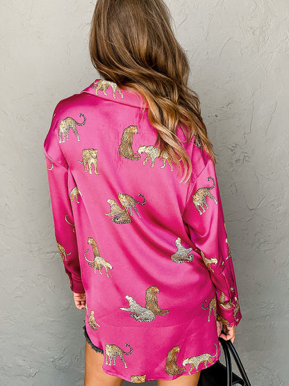 Autumn Solid Color Satin Long Sleeve Cardigan Thin Personalized Animal Print Shirt For Women