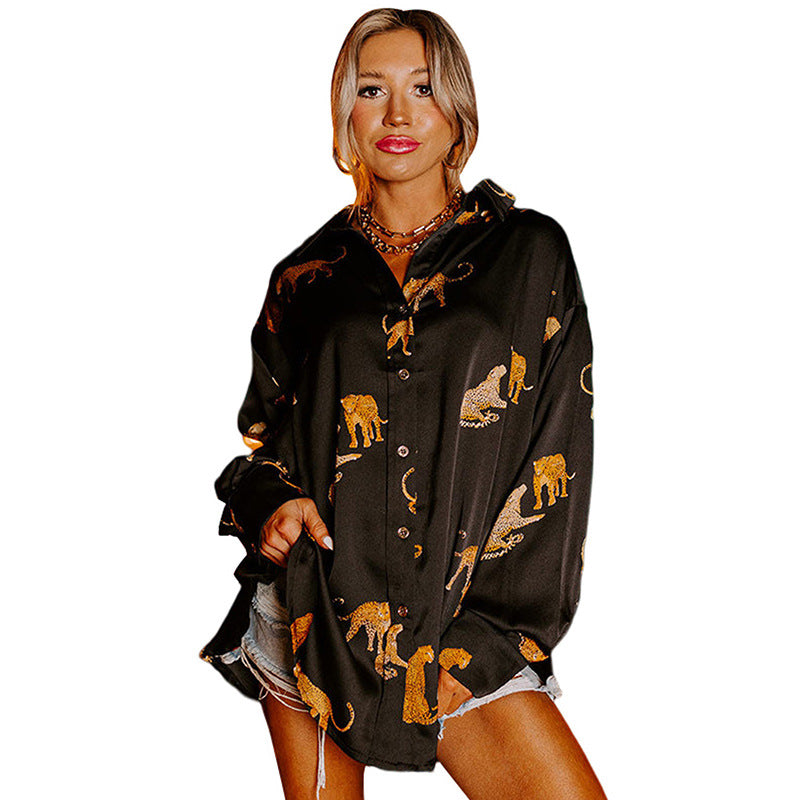 Solid Color Satin Long Sleeve Cardigan Animal Print Shirt