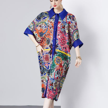 Mid-length Batwing Sleeve Printed Loose Plus Size Dress