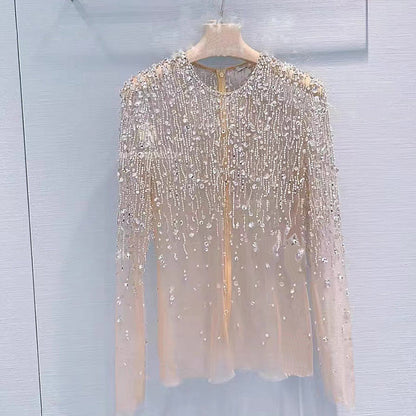 Diamond Blouse Crystal-studded Sequins Mesh Top Women