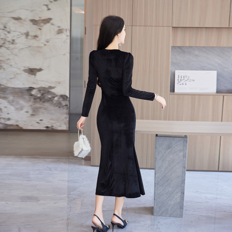 Long Sleeve Temperament Waist-controlled V-neck Mid-length Slim-fit Slimming Dress