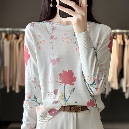 Round Neck Printed Silk Worsted Wool Sweater Pullover