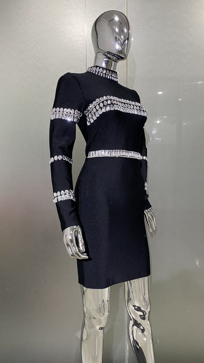 Vestido negro de cuello alto medio con diamantes de imitación a la moda para mujer