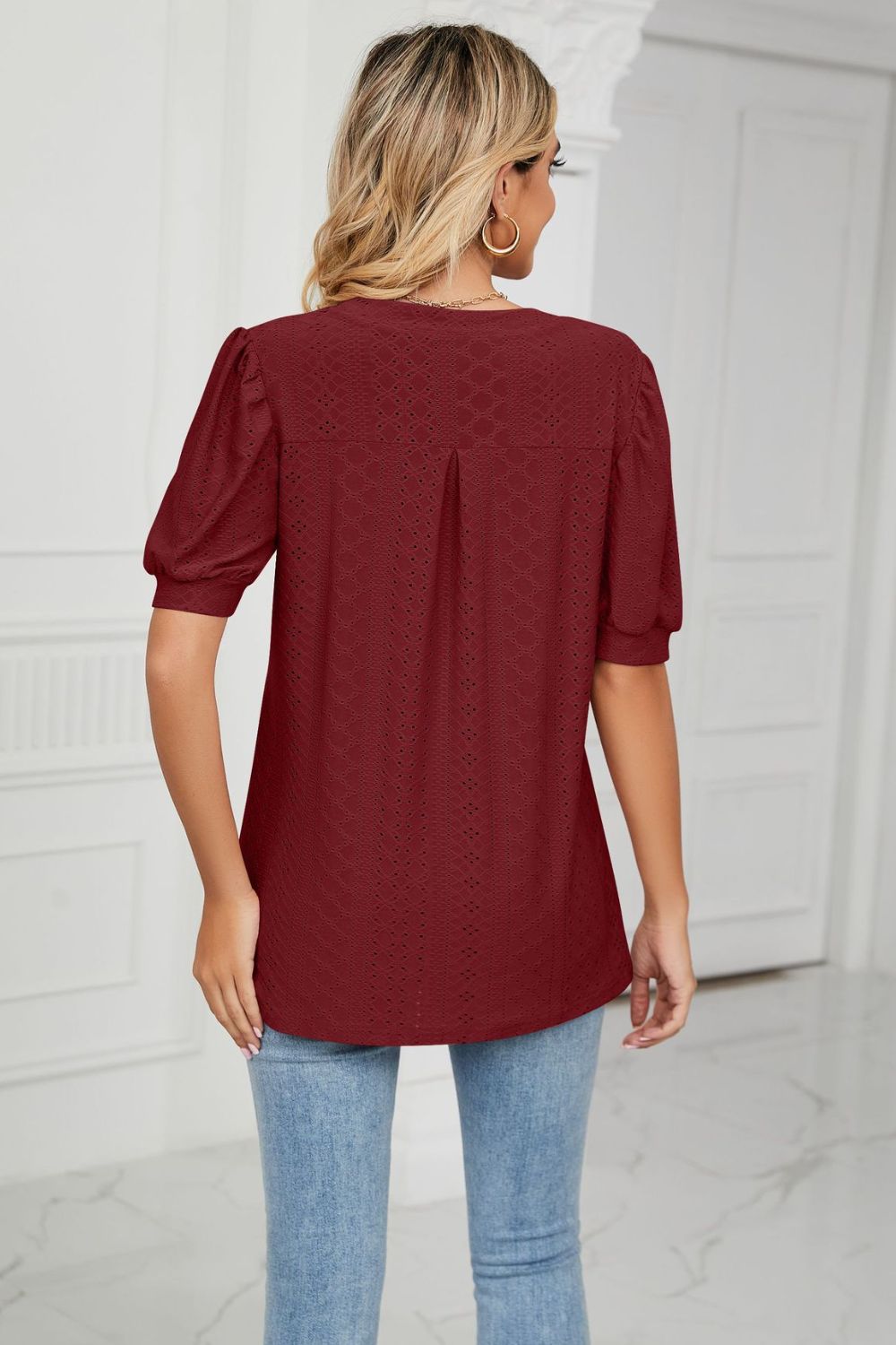 Eyelet Short Puff Sleeve Notched Neck Top