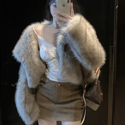 Women's Winter Large Lapel Short Artificial Fur Upper Garment