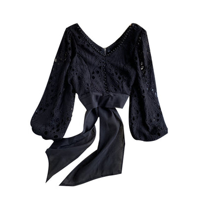 Jacket Female Hollow Lace Puff Sleeve Tie Waist Short Beaded Shirt