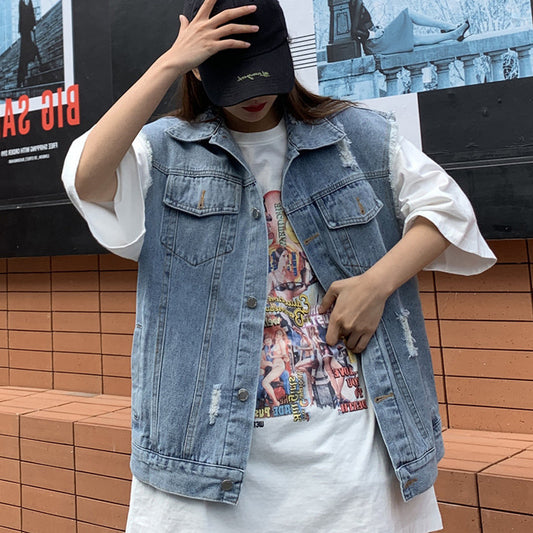 Cat Printing Ripped Sleeveless Denim Top