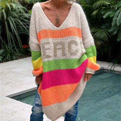 Women's Fashion Casual Rainbow Striped V-neck Loose Knitted Sweater