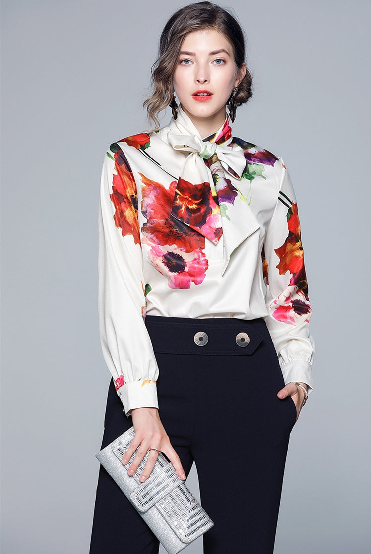 Long Sleeve Bow Ribbon Print Fashion Women's Shirt