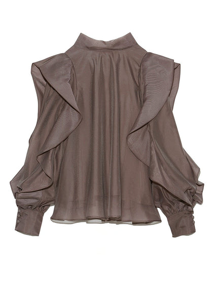 Stand-neck Printed Chiffon Shirt Ruffled Pullover Top