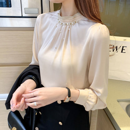 Chiffon Shirt Women's Top Stand Collar Beaded Shirt Loose