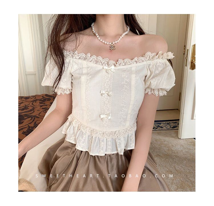 Embroidered Top Bow Knot Waist Short Sleeve Lace Shirt Summer