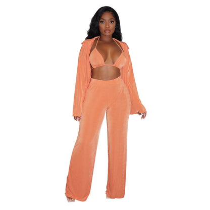 Women's Fashion Casual Long Sleeve Bikini Wide Leg Pants Suit