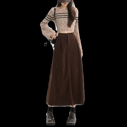 Brown Corduroy High Waist Skirt For Women